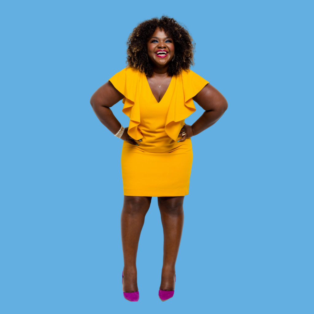 Vivian Kaye in yellow dress on blue background