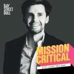 Hinge CEO Justin McLeod wearing blazer and shirt in black and white photo with Mission Critical and Bay Street Bull branding