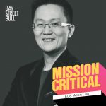 Wattpad CEO Allen Lau wearing blazer in black and white photo with Mission Critical and Bay Street Bull branding