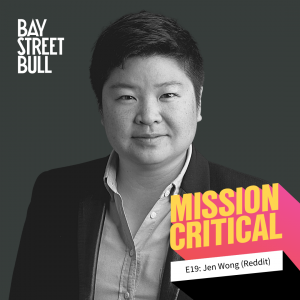 A black and white photo of Jen Wong, COO of Reddit in a button-down and a blazer. Bay St. Bull, Mission Critical Branding