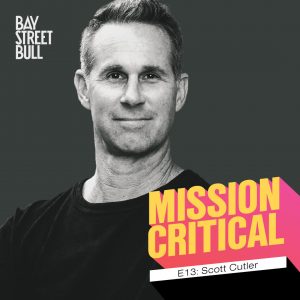 A black and white photo of Scott Cutler, CEO of StockX wearing a black crewneck long-sleeved shirt. The photo has Bay Street Bull: Mission Critical branding