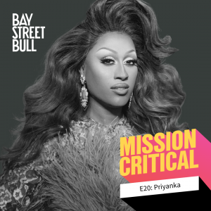 Black and White photo of Priyana, Drag Queen, in a big wig and a sparkly dress holding some feathers. Bay St. Bull and Mission Critical Branding