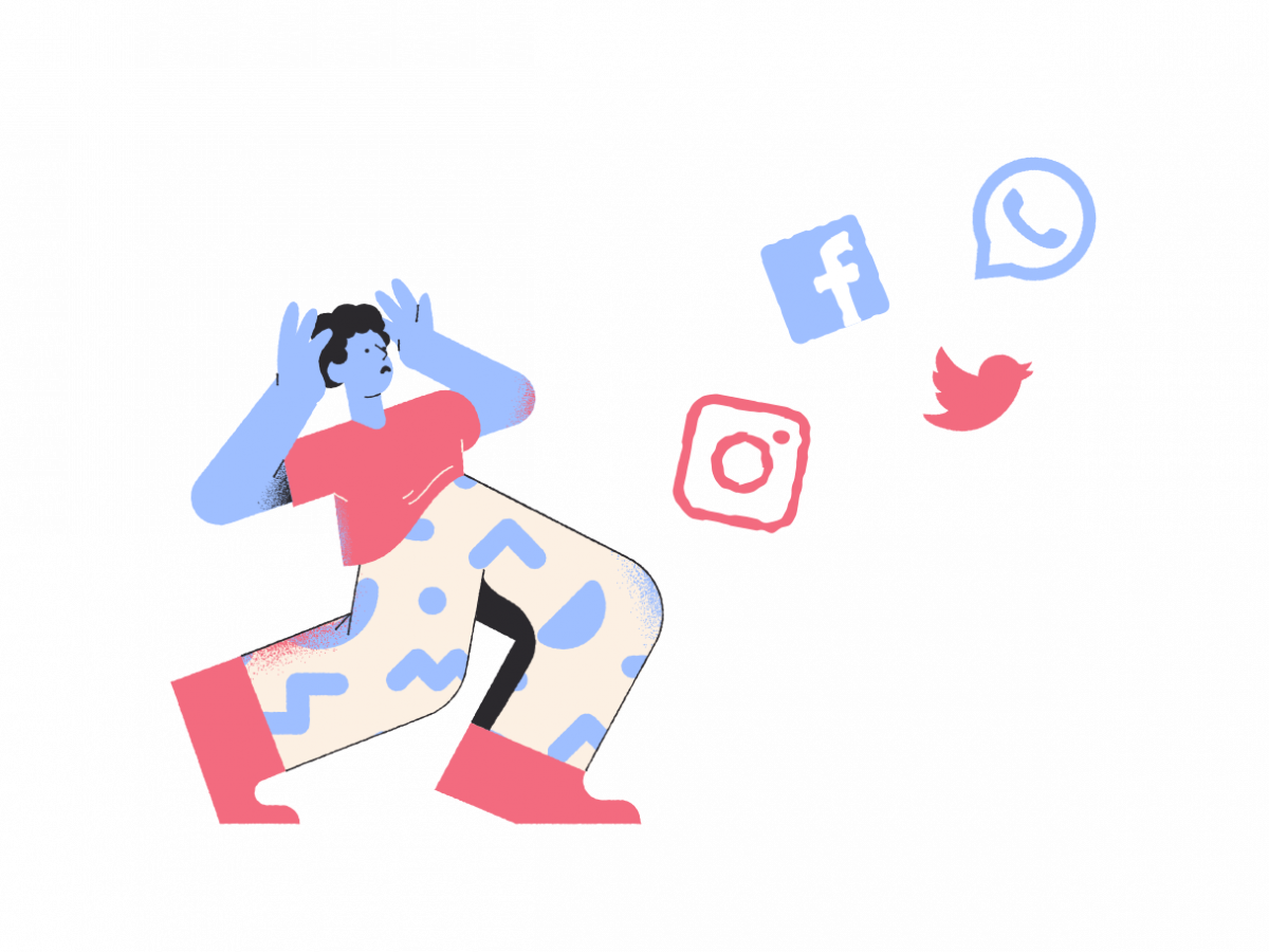 Graphic of a worried character looking at different social media logos to represent how this articled is Bill C-10 explained