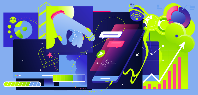 Various graphics of technology and innovation-themed motifs in blue and green