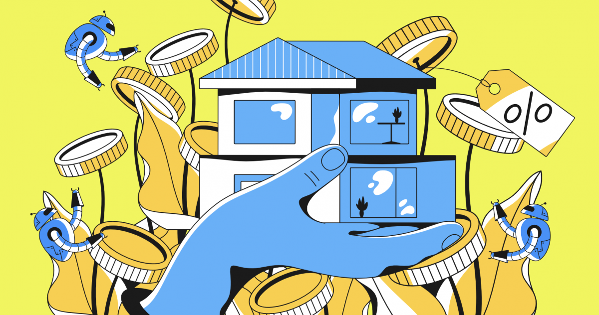 Illustration of hand holding a house with robotic flowers and small robots tending to them