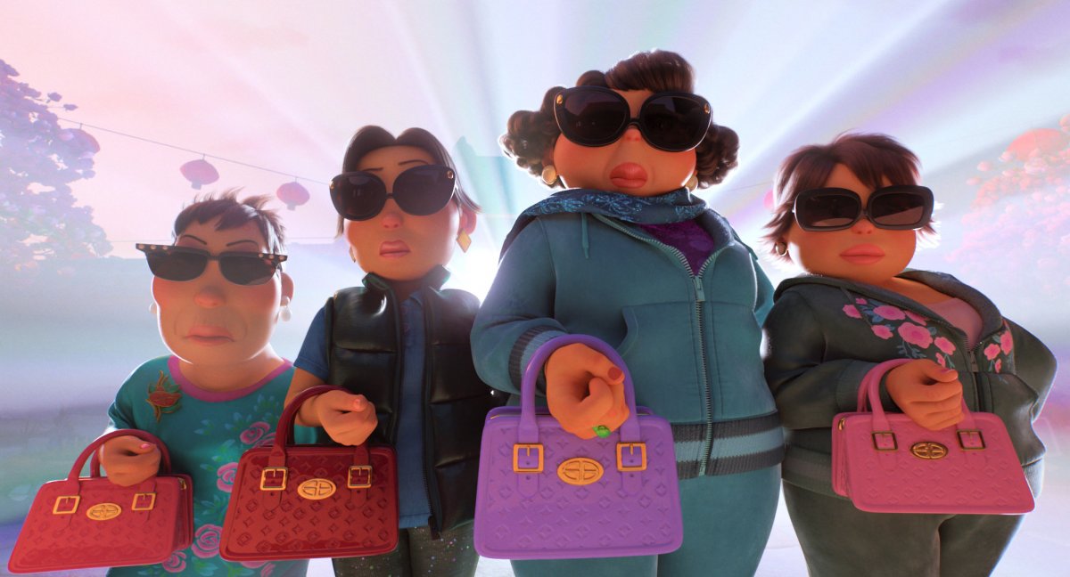 Animated group of elder Chinese women wearing sunglasses and matching tracksuits and purses