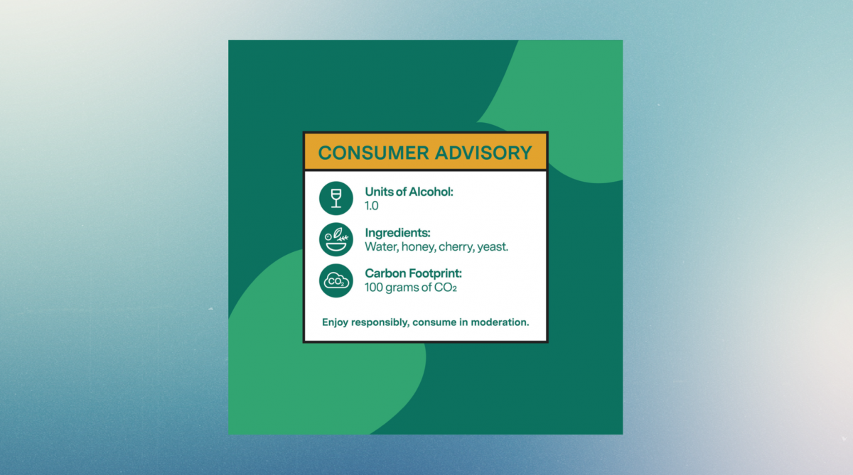 Proposed alcohol advisory label indicating ingredients, alcohol, and carbon footprint.